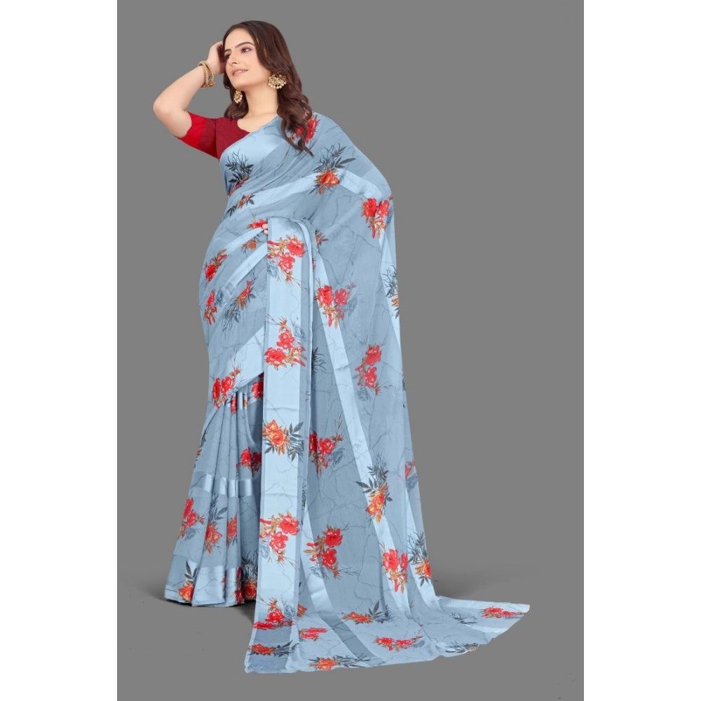 Generic Women's Sattin Patta Printed Saree With Unstitched Blouse (Grey)