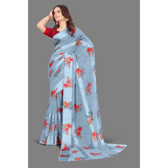 Generic Women's Sattin Patta Printed Saree With Unstitched Blouse (Grey)