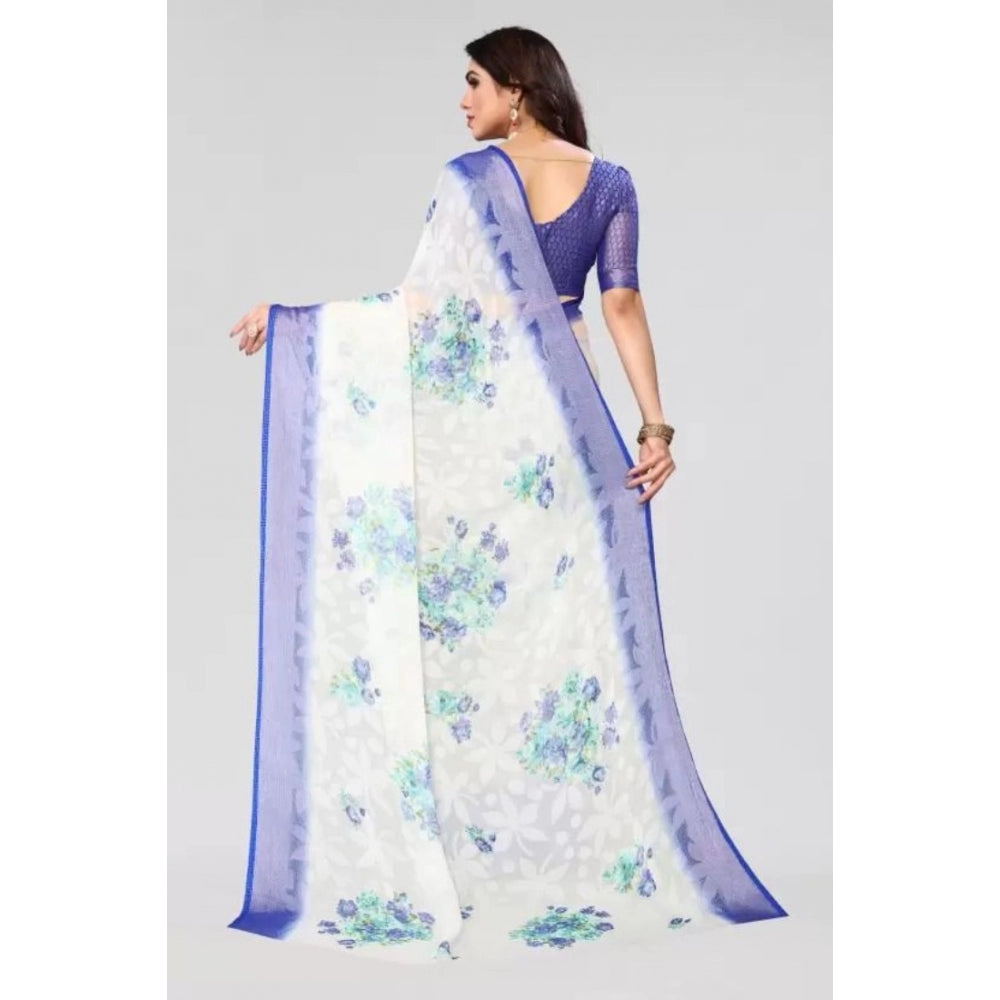 Generic Women's Viscose Rayon Printed Saree With Unstitched Blouse (Blue)