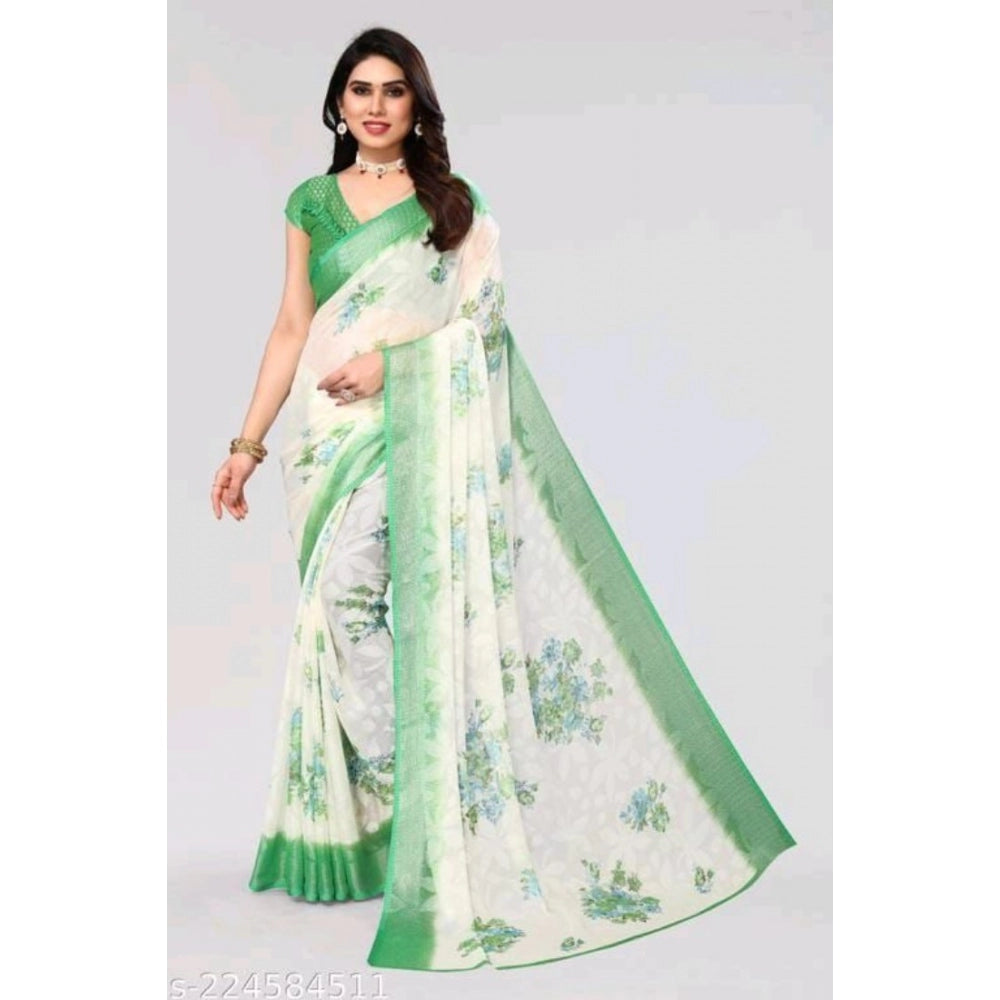 Generic Women's Viscose Rayon Printed Saree With Unstitched Blouse (Green)