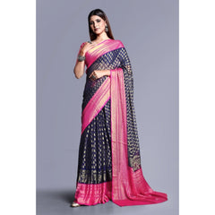 Generic Women's Viscose Rayon Printed Saree With Unstitched Blouse (Navy Blue)