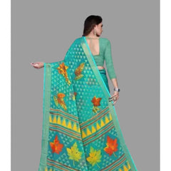 Generic Women's Viscose Rayon Printed Saree With Unstitched Blouse (Teal)