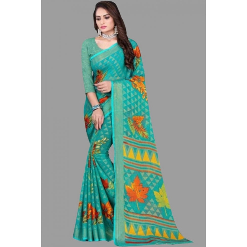 Generic Women's Viscose Rayon Printed Saree With Unstitched Blouse (Teal)