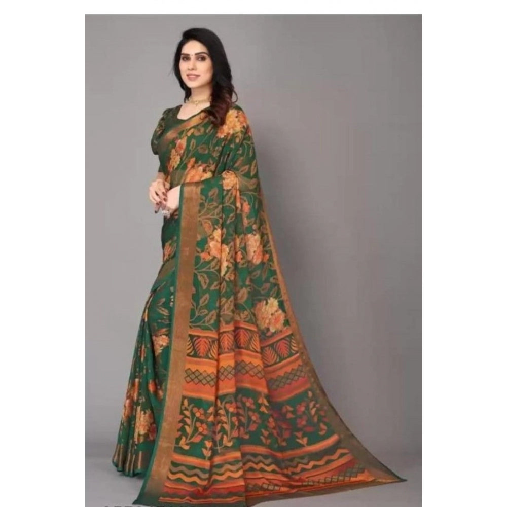 Generic Women's Viscose Rayon Printed Saree With Unstitched Blouse (Green)