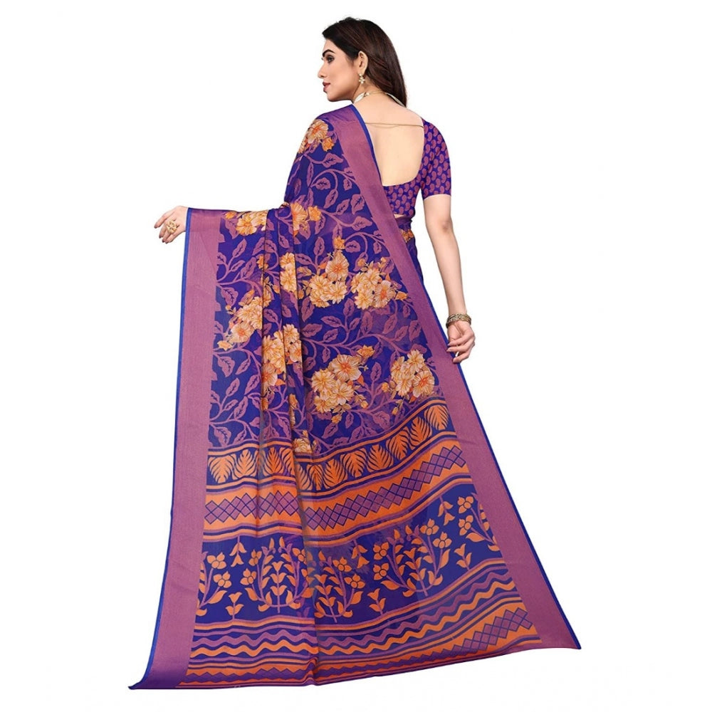 Generic Women's Viscose Rayon Printed Saree With Unstitched Blouse (Blue)