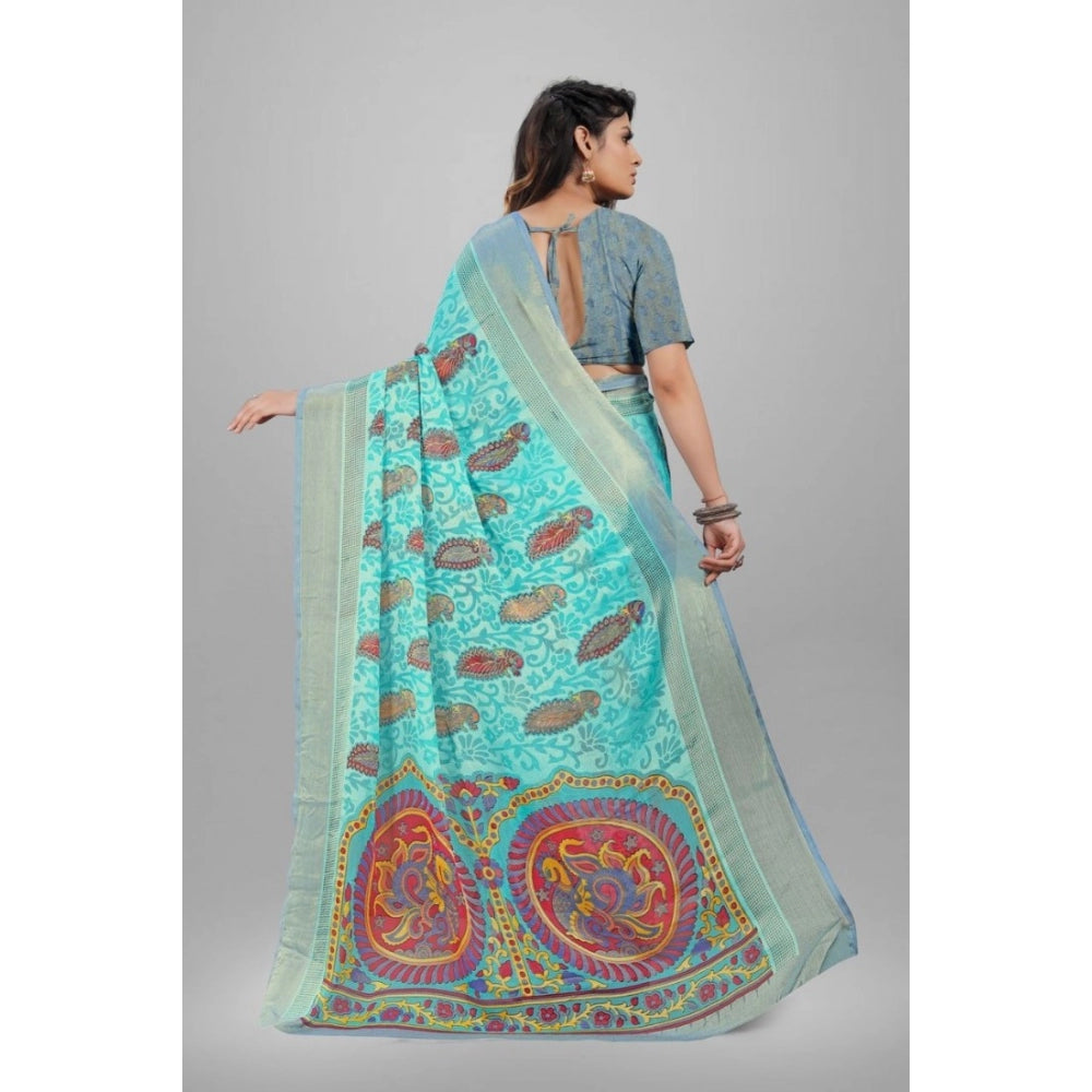 Generic Women's Viscose Rayon Printed Saree With Unstitched Blouse (Sky Blue)