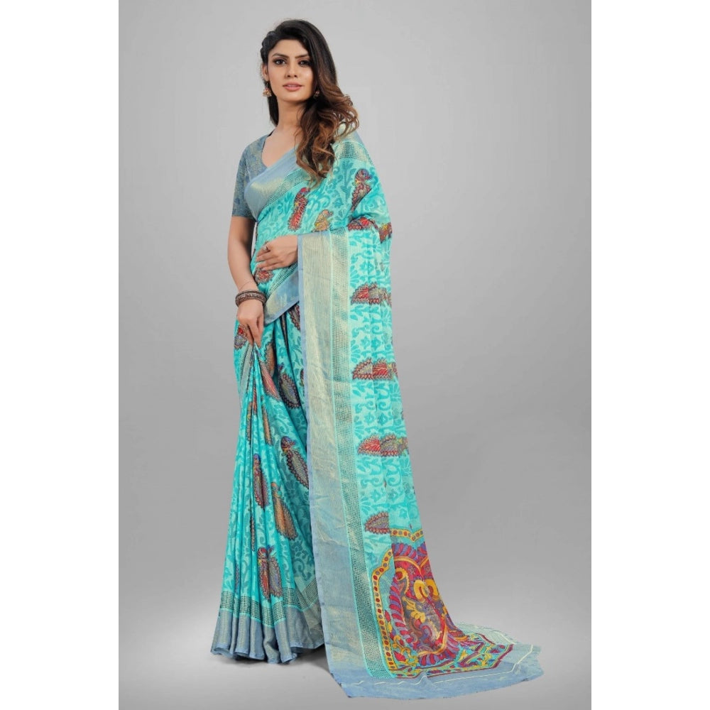 Generic Women's Viscose Rayon Printed Saree With Unstitched Blouse (Sky Blue)