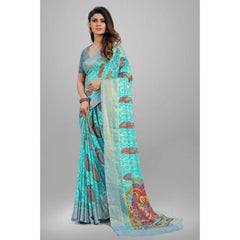 Generic Women's Viscose Rayon Printed Saree With Unstitched Blouse (Sky Blue)