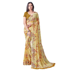 Generic Women's Georgette Printed Saree With Unstitched Blouse (Yellow)