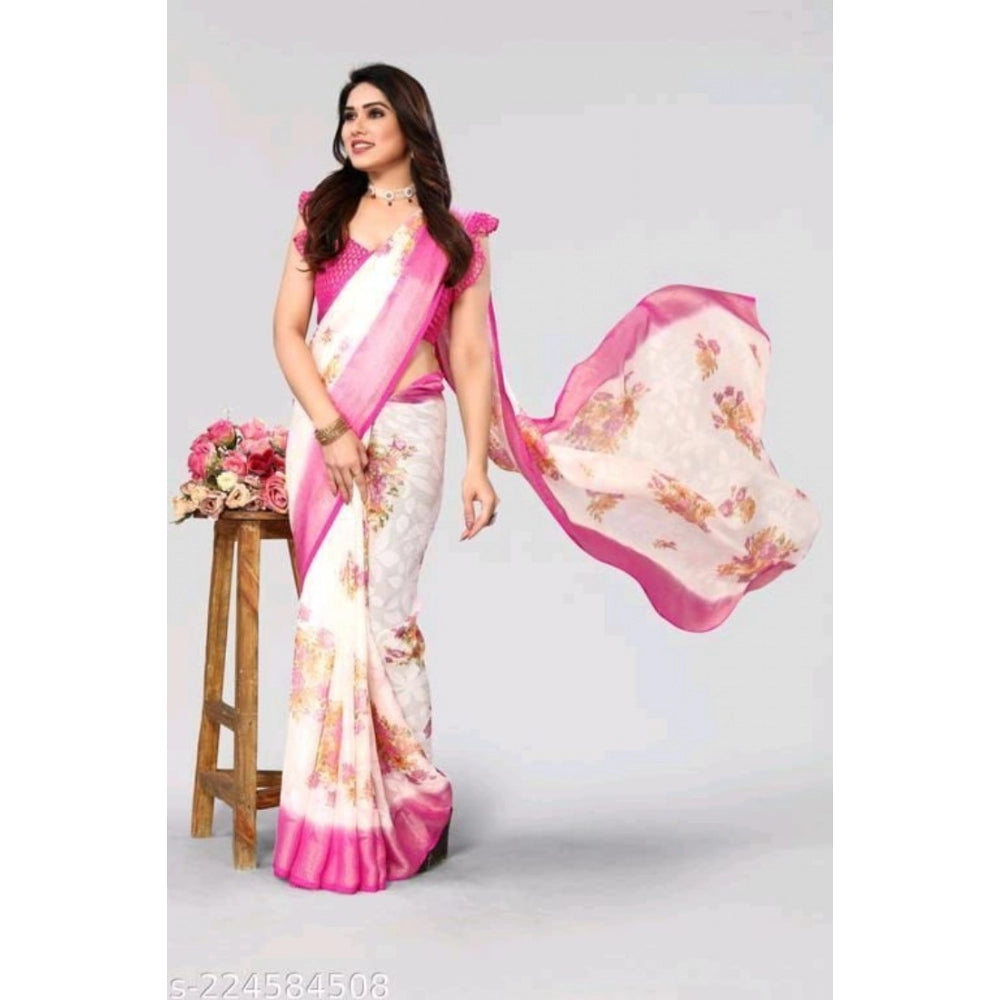 Generic Women's Viscose Rayon Printed Saree With Unstitched Blouse (Pink)