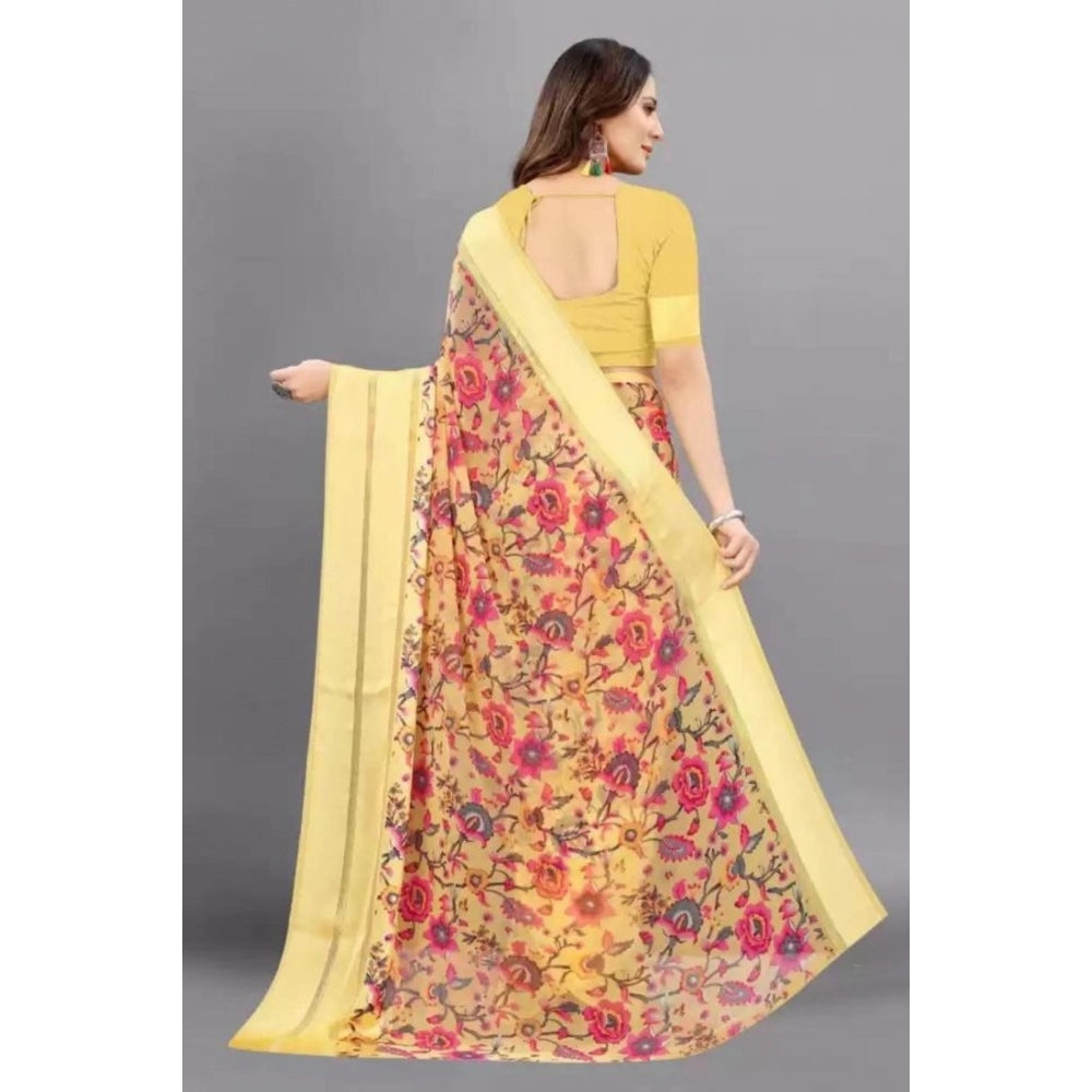 Generic Women's Sattin Patta Printed Saree With Unstitched Blouse (Yellow)