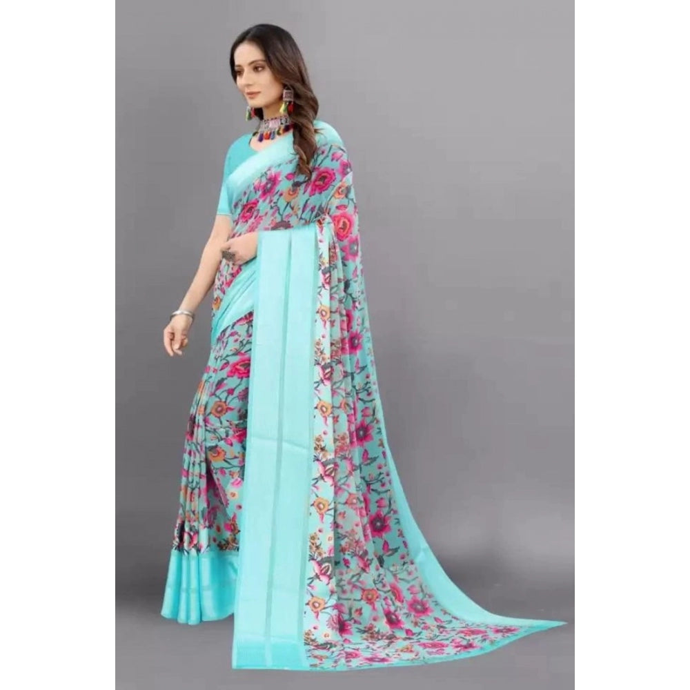 Generic Women's Sattin Patta Printed Saree With Unstitched Blouse (Skyblue)