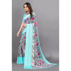 Generic Women's Sattin Patta Printed Saree With Unstitched Blouse (Skyblue)