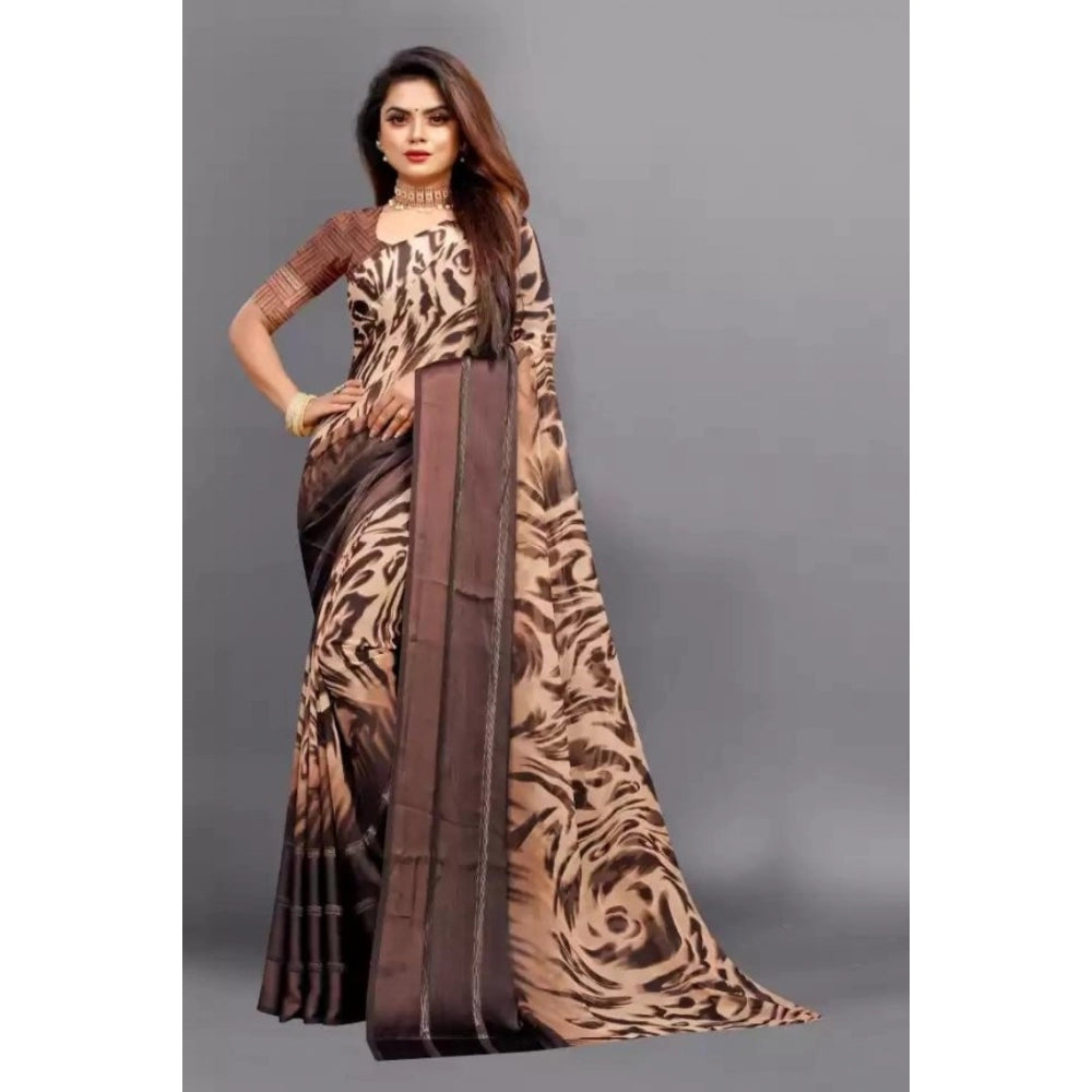 Generic Women's Sattin Patta Printed Saree With Unstitched Blouse (Brown)