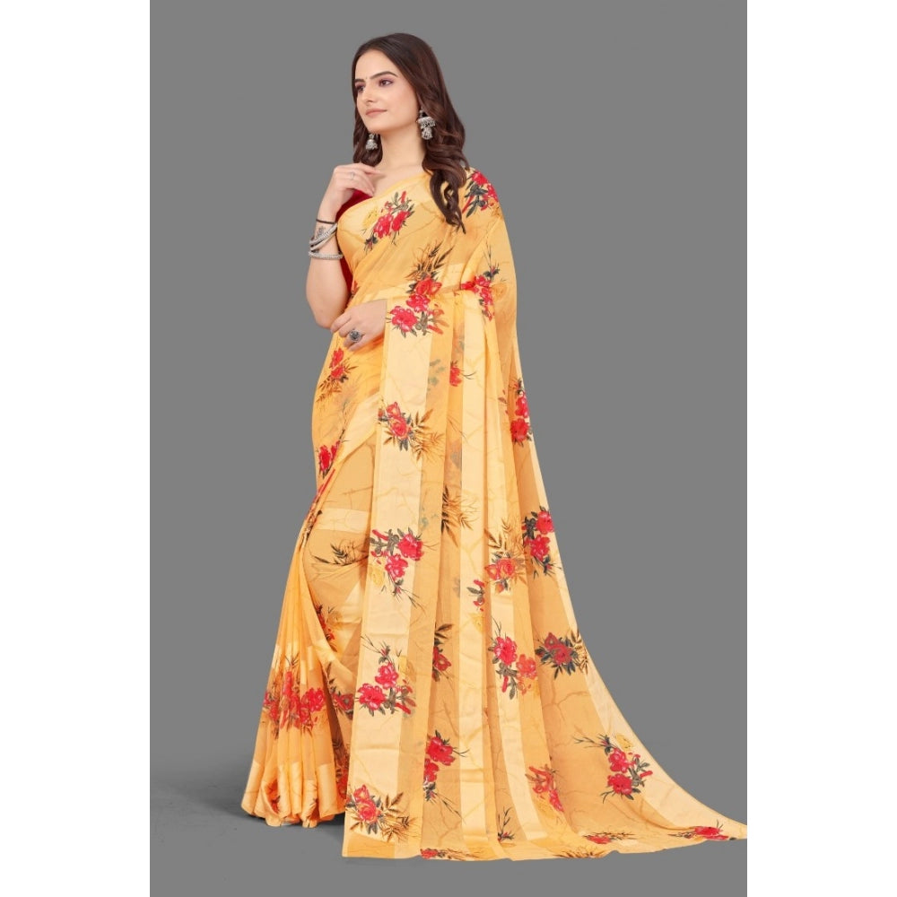 Generic Women's Sattin Patta Printed Saree With Unstitched Blouse (Beige)