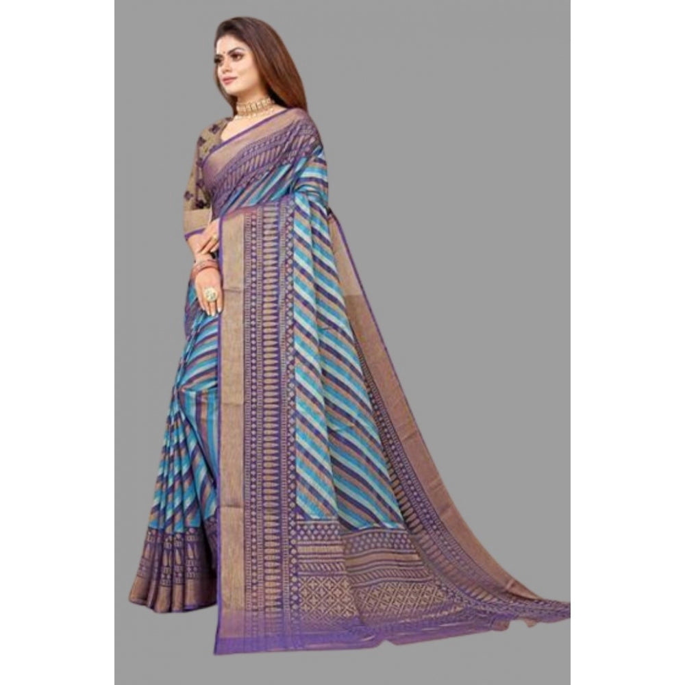 Generic Women's Viscose Rayon Printed Saree With Unstitched Blouse (Navy Blue)