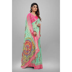 Generic Women's Viscose Rayon Printed Saree With Unstitched Blouse (Teal)