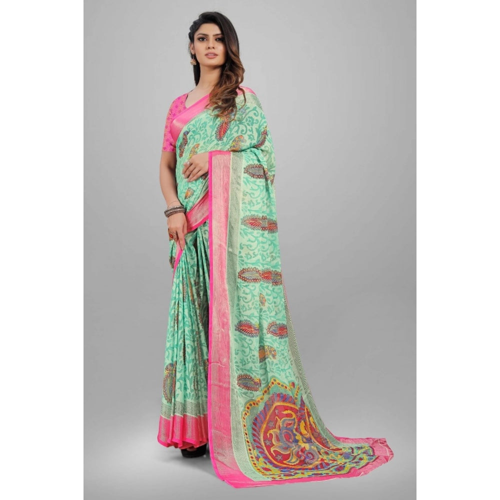 Generic Women's Viscose Rayon Printed Saree With Unstitched Blouse (Teal)