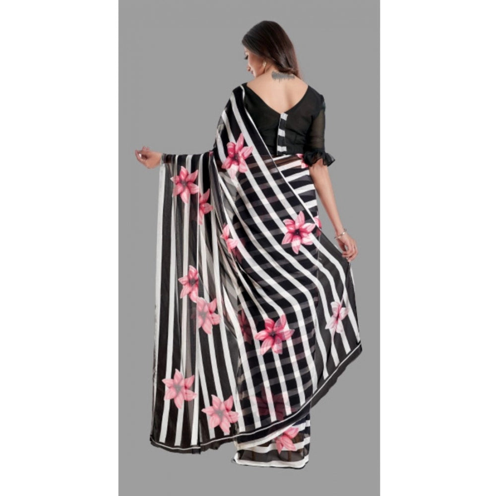 Generic Women's Georgette Printed Saree With Unstitched Blouse (Black)