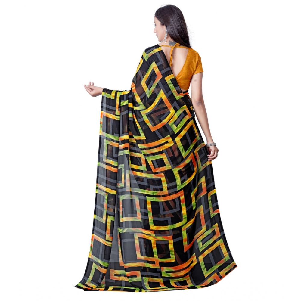 Generic Women's Georgette Printed Saree With Unstitched Blouse (Yellow)