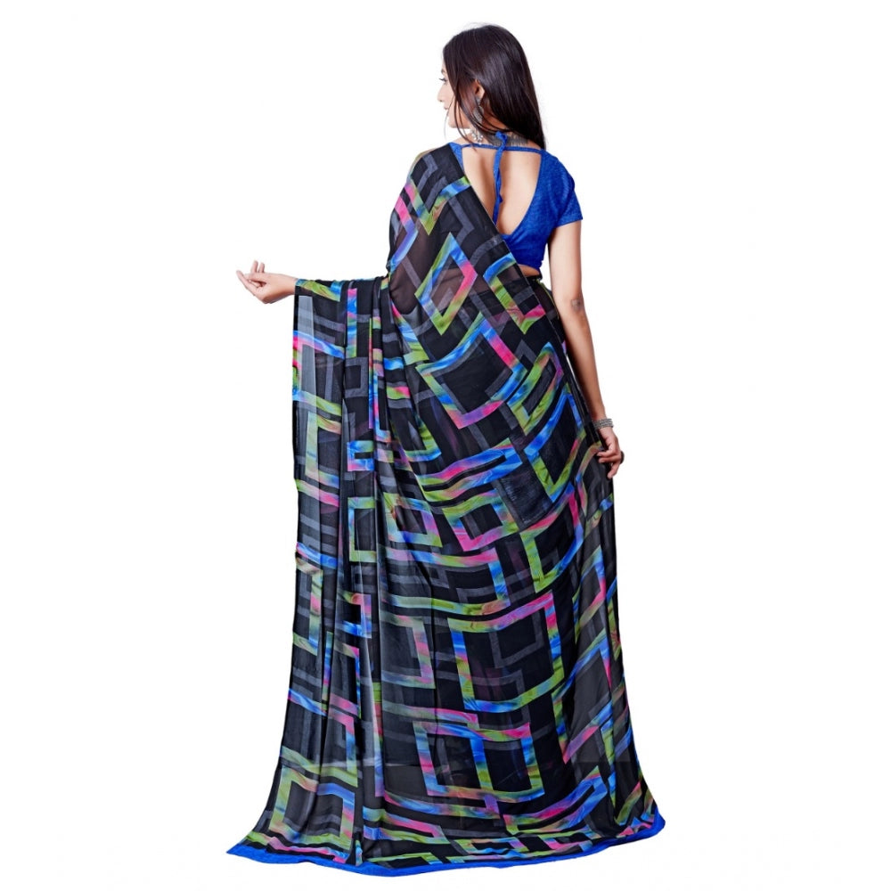 Generic Women's Georgette Printed Saree With Unstitched Blouse (Blue)