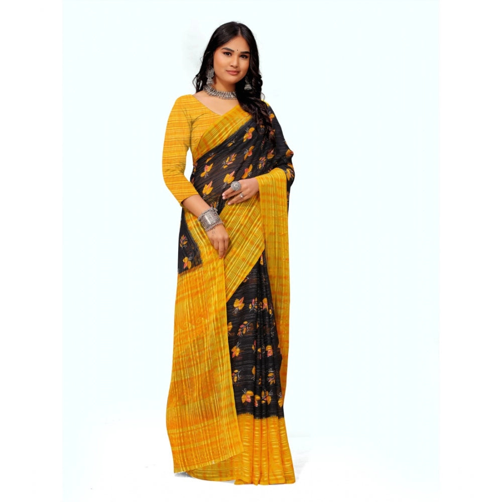 Generic Women's Georgette Printed Saree With Unstitched Blouse (Yellow)