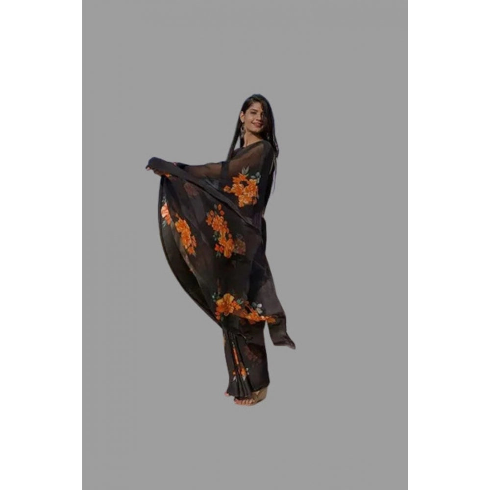 Generic Women's Sattin Patta Printed Saree With Unstitched Blouse (Orange)