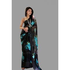 Generic Women's Sattin Patta Printed Saree With Unstitched Blouse (Blue)