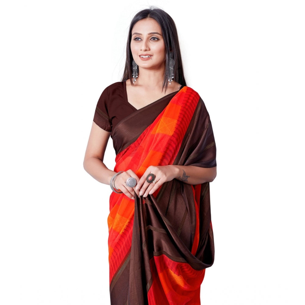 Generic Women's Sattin Patta Printed Saree With Unstitched Blouse (Red)