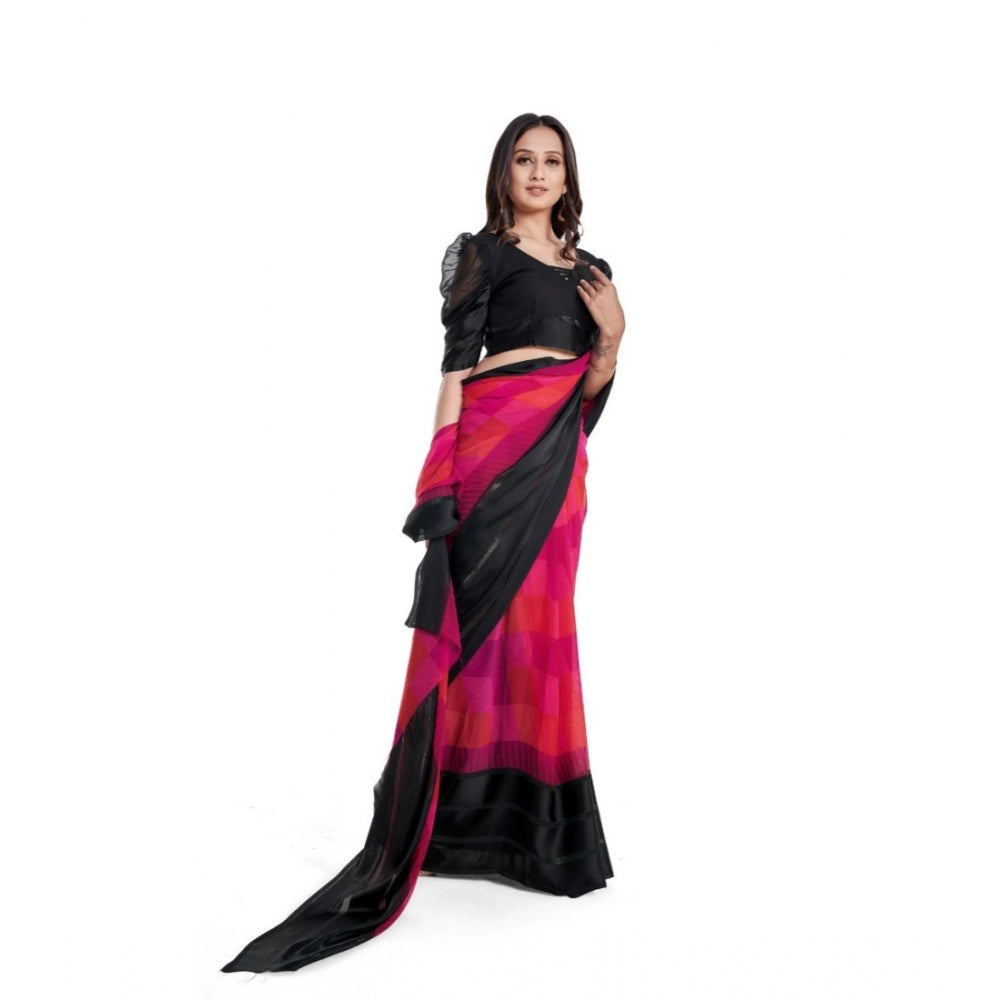 Generic Women's Sattin Patta Printed Saree With Unstitched Blouse (Pink)