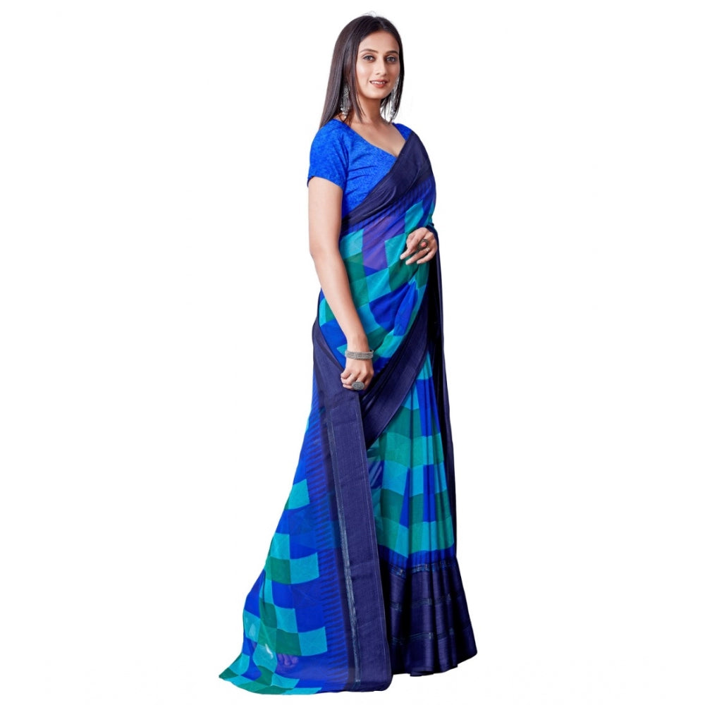 Generic Women's Sattin Patta Printed Saree With Unstitched Blouse (Skyblue)