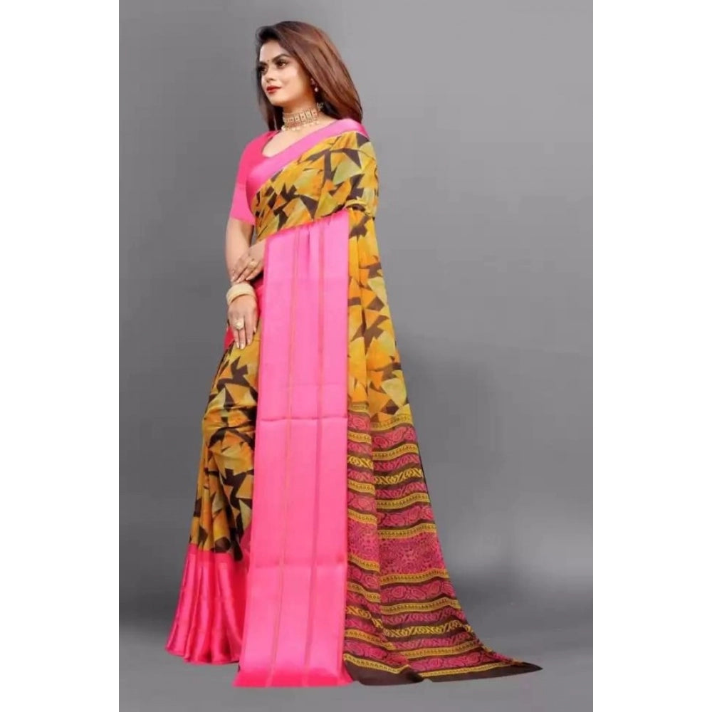 Generic Women's Sattin Patta Printed Saree With Unstitched Blouse (Pink)