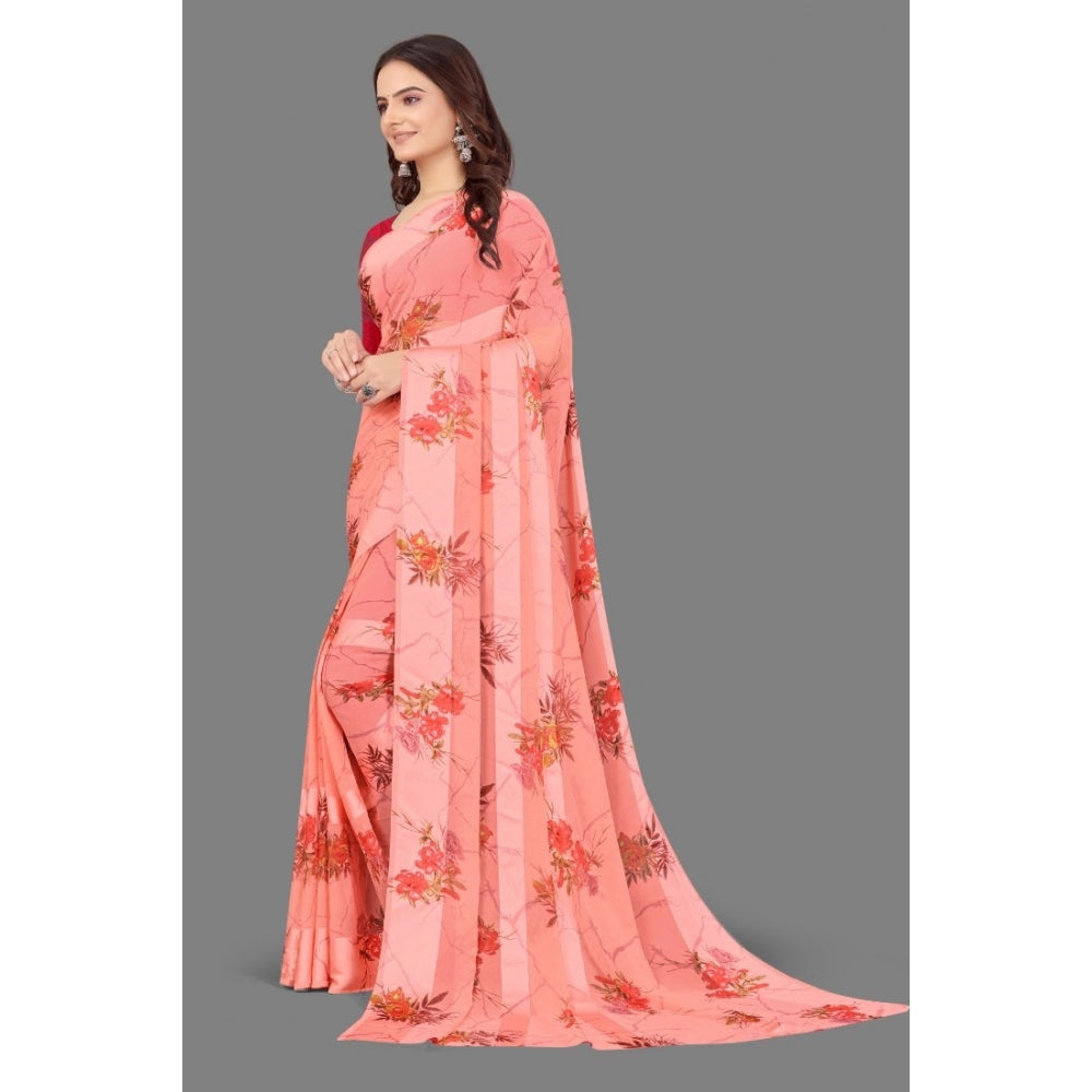 Generic Women's Sattin Patta Printed Saree With Unstitched Blouse (Peach)