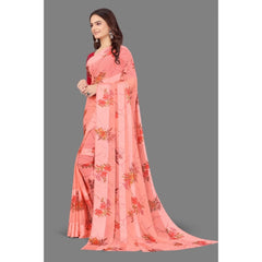 Generic Women's Sattin Patta Printed Saree With Unstitched Blouse (Peach)