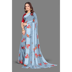 Generic Women's Sattin Patta Printed Saree With Unstitched Blouse (Grey)