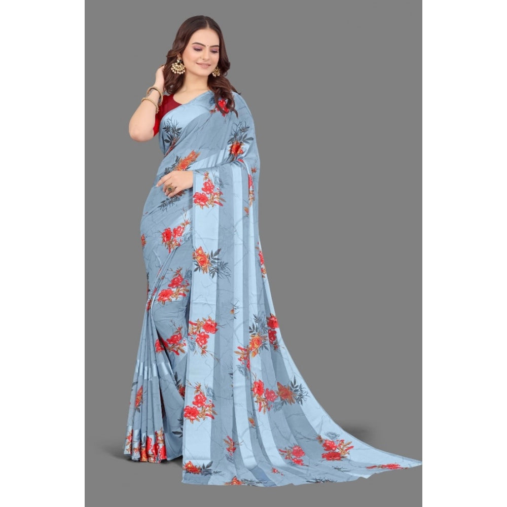 Generic Women's Sattin Patta Printed Saree With Unstitched Blouse (Grey)