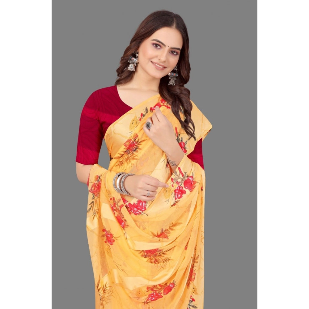 Generic Women's Sattin Patta Printed Saree With Unstitched Blouse (Beige)