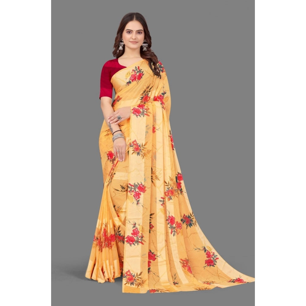 Generic Women's Sattin Patta Printed Saree With Unstitched Blouse (Beige)