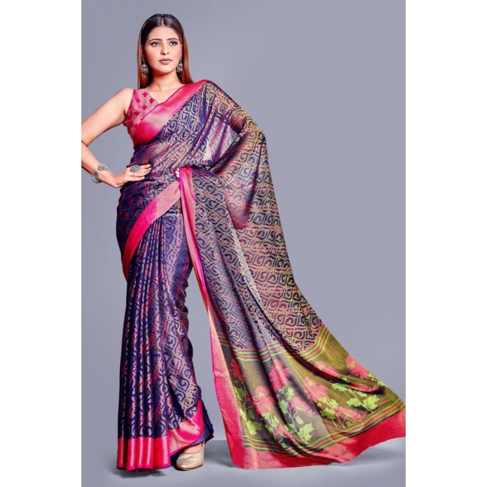 Generic Women's Viscose Rayon Printed Saree With Unstitched Blouse (Navy Blue)