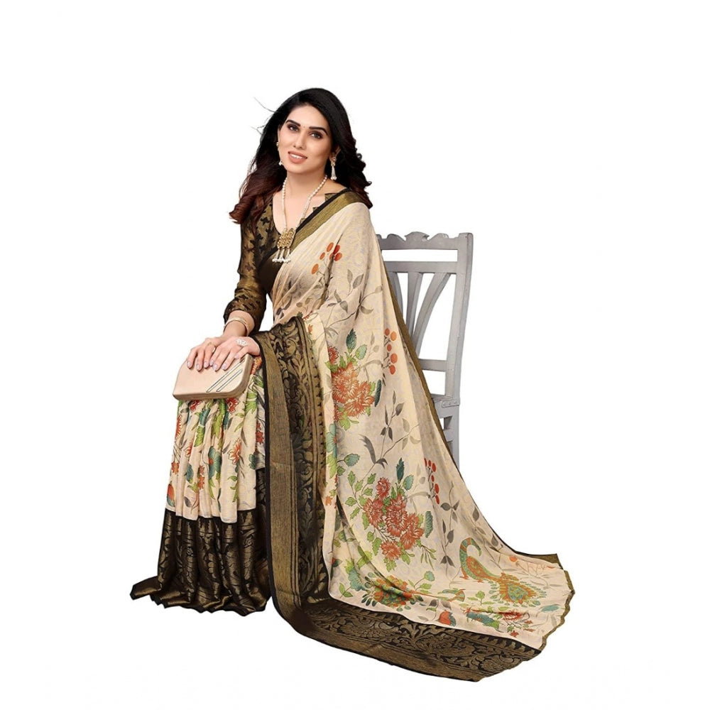 Generic Women's Viscose Rayon Printed Saree With Unstitched Blouse (Black)