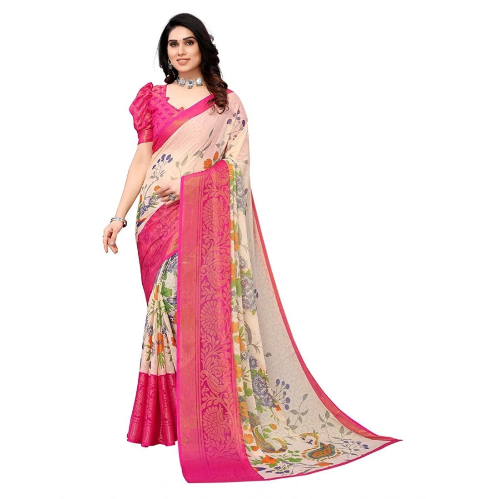 Generic Women's Viscose Rayon Printed Saree With Unstitched Blouse (Pink)