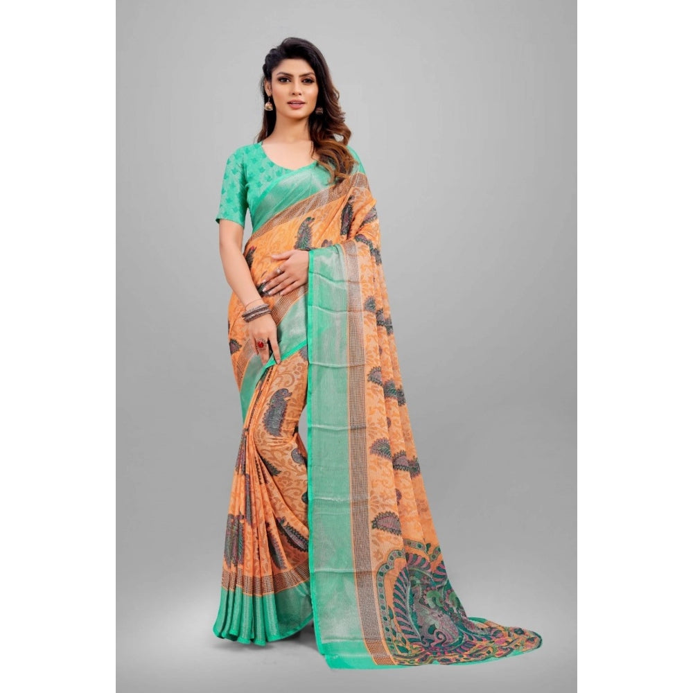 Generic Women's Viscose Rayon Printed Saree With Unstitched Blouse (Orange)