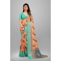 Generic Women's Viscose Rayon Printed Saree With Unstitched Blouse (Orange)