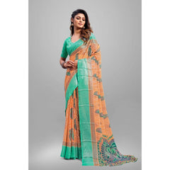 Generic Women's Viscose Rayon Printed Saree With Unstitched Blouse (Orange)