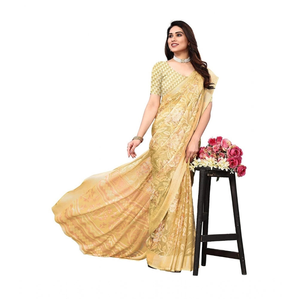 Generic Women's Viscose Rayon Printed Saree With Unstitched Blouse (Yellow)