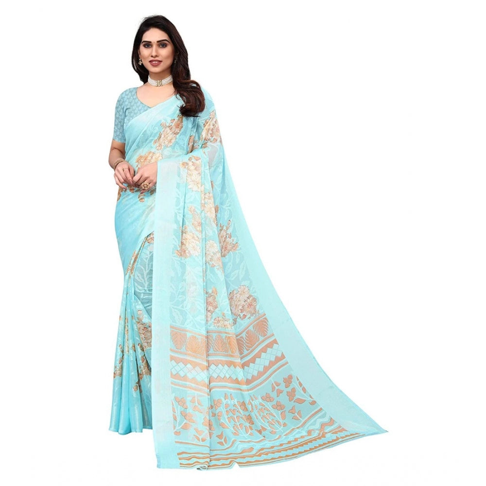 Generic Women's Viscose Rayon Printed Saree With Unstitched Blouse (Sky Blue)