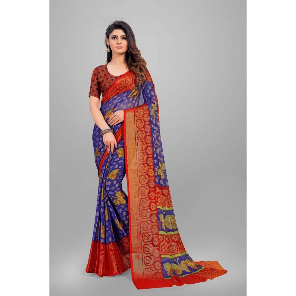 Generic Women's Viscose Rayon Printed Saree With Unstitched Blouse (Blue)