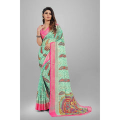 Generic Women's Viscose Rayon Printed Saree With Unstitched Blouse (Teal)