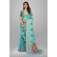 Generic Women's Viscose Rayon Printed Saree With Unstitched Blouse (Sky Blue)