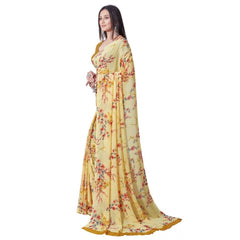 Generic Women's Georgette Printed Saree With Unstitched Blouse (Yellow)